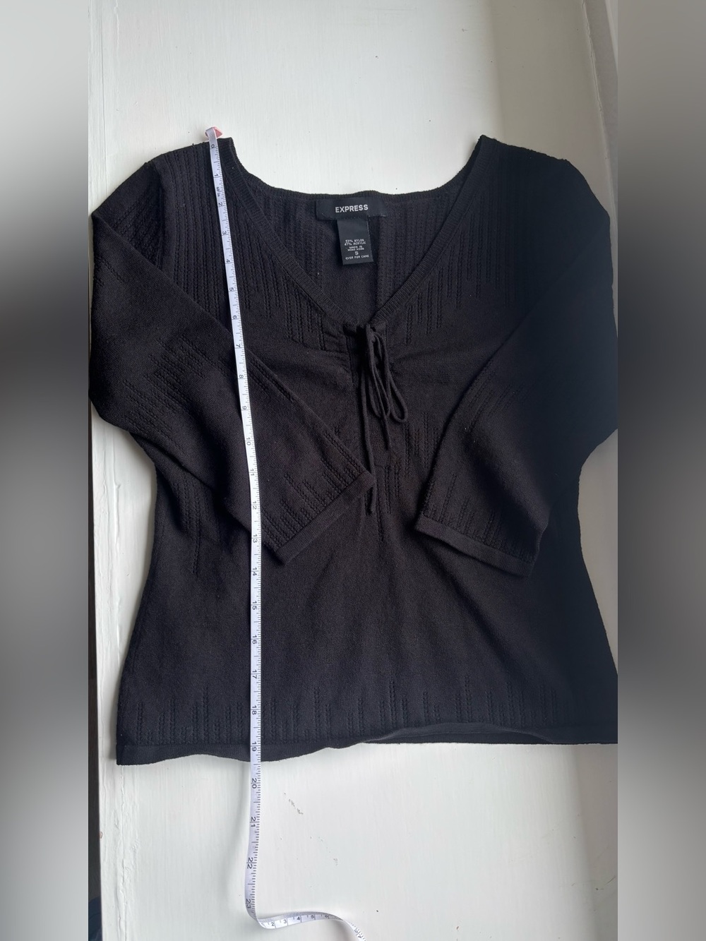Express Black V-Neck Tie-Front Knit Textured Top stretch 3/4 sleeves Small - Picture 12 of 12